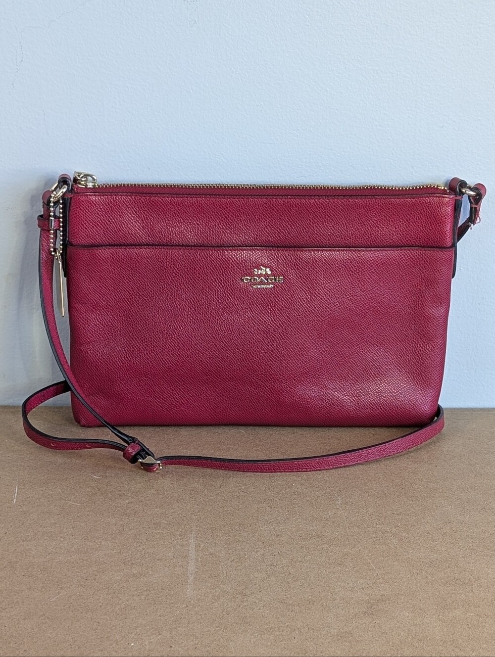 Coach New York East West Crossbody Bag Red Crossgrain Leather Gold Tone Hardware
